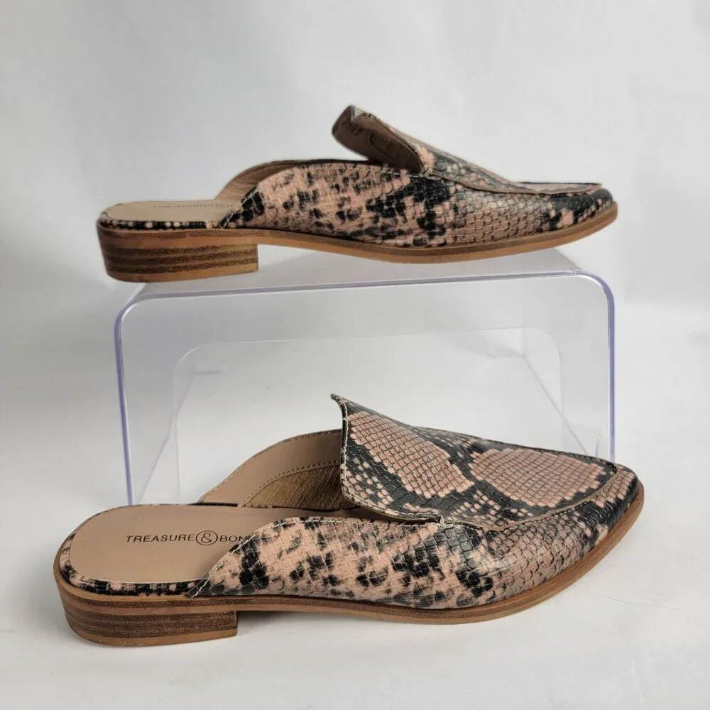 Treasure & Bond Womens 6.5 Tan Snake Print Slip On Mules‎ Business Casual Office